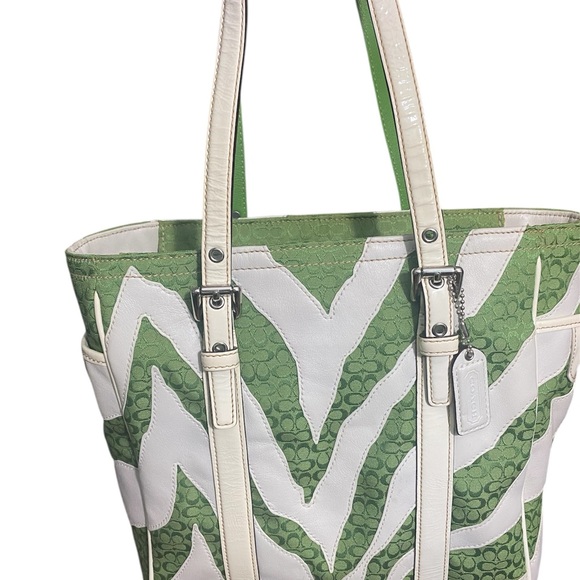 Coach Green & White Zebra Striped Signature Logo Tote - Picture 10 of 15